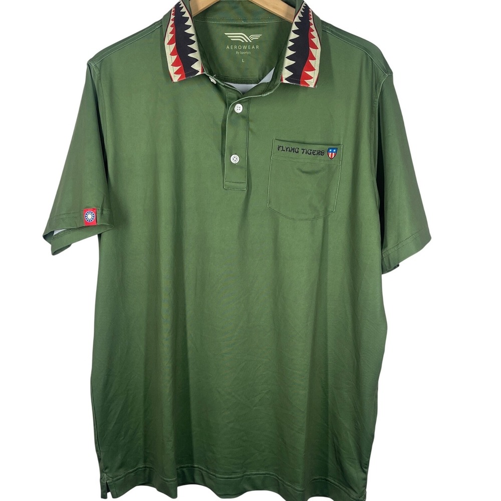 Aerowear Flying Tigers Polo Shirt Mens Large Olive Green Shark Tooth Collar L